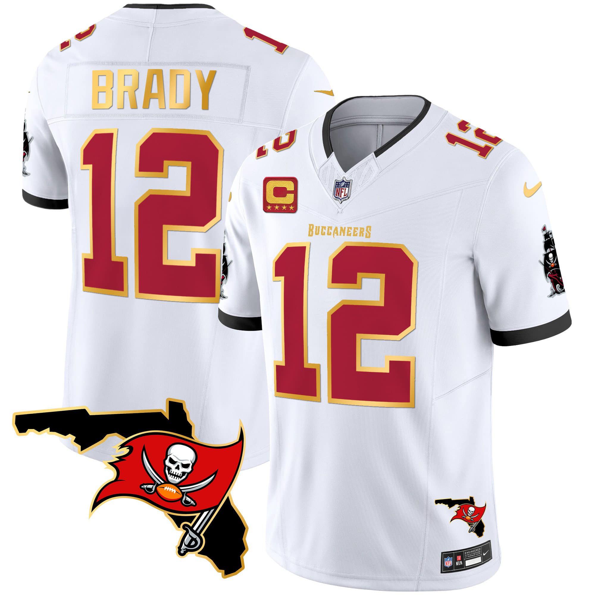 Men Tampa Bay Buccaneers 12 Brady White 2024 Nike Florida Patch Gold Trim Vapor NFL Jersey
